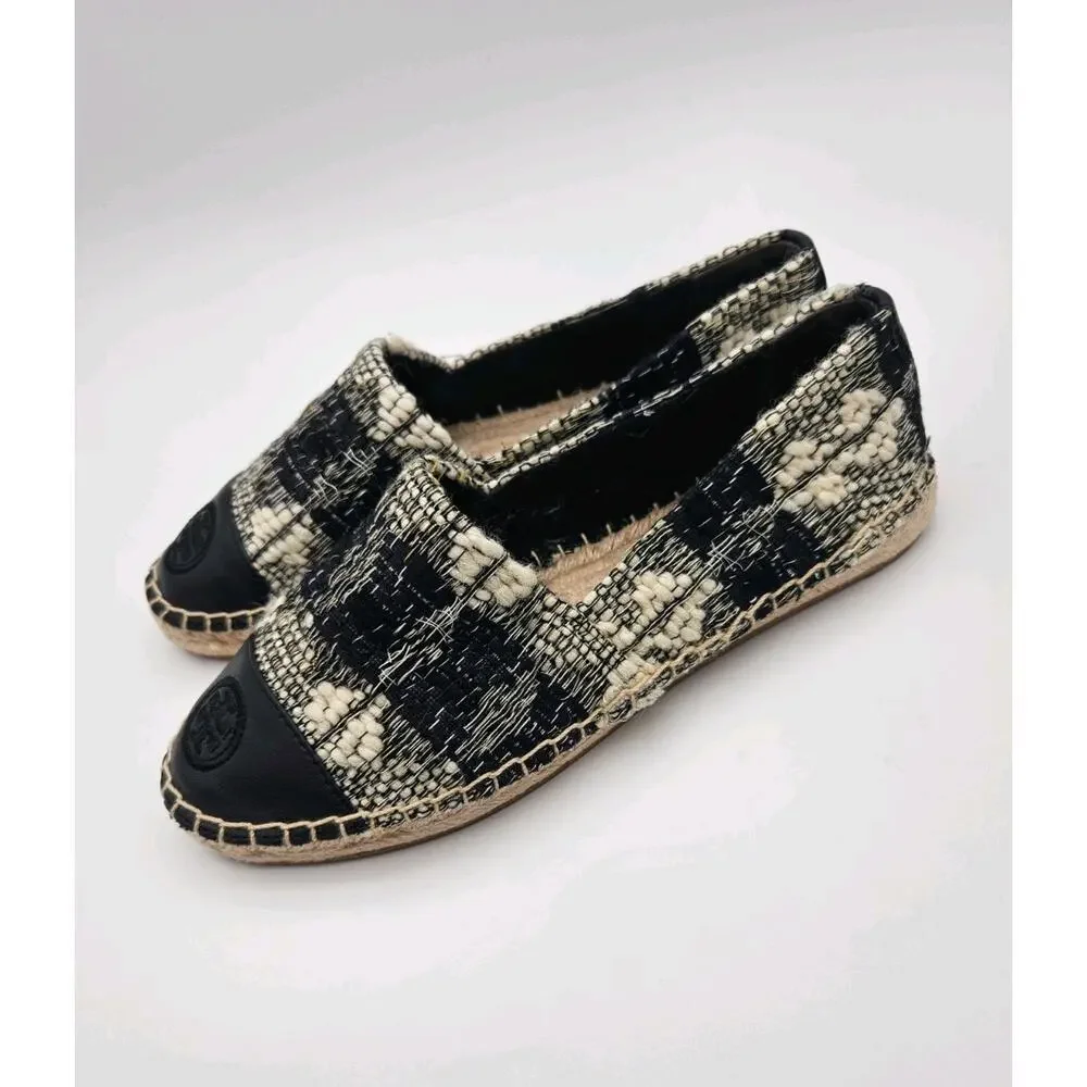 Tory Burch Logo Espadrille Flats Black Ivory Tweed Round Toe Slip-On sz 6.5